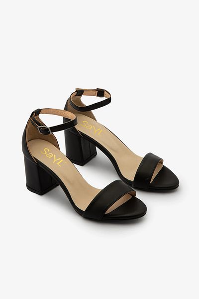 SAYL Black Genuine Leather Ankle Strap Thick Heeled Women's Sandals
