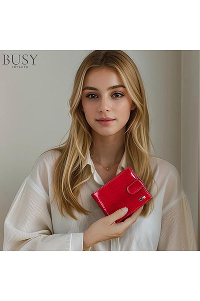 Busy Lady&Gentleman Red Rouge women's wallet, genuine patent leather, multiple compartments, photo, ID card, red