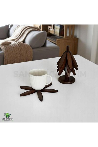 SANALTİCARETİM 4-Piece Wooden Trivet with Stand Acacia Color Coaster