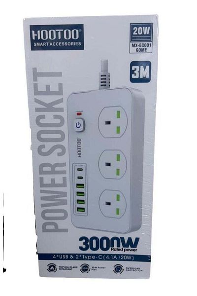 HooToo وصلة طاقة كهربائية من هوتو مزودة بثلاثة منافذ، وأربعة منافذ USB، ومنفذين من النوع C - بطول 3 أمتار