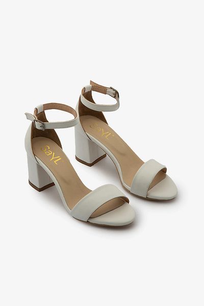 SAYL White Genuine Leather Ankle Strap Thick Heeled Women's Sandals