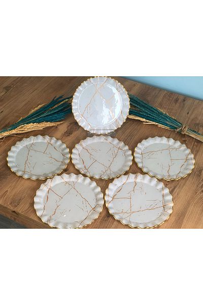 B&M White Marble Patterned Curved Cake Plate 6 Pieces