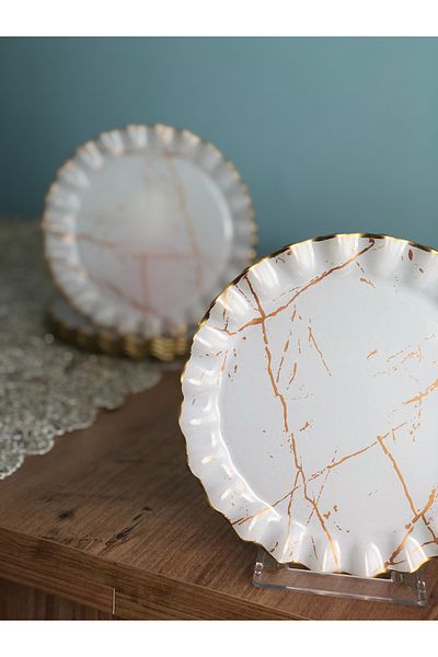 B&M White Marble Patterned Curved Cake Plate 6 Pieces