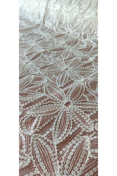 River Fabrics Sequin-Stone Evening Dress Fabric White