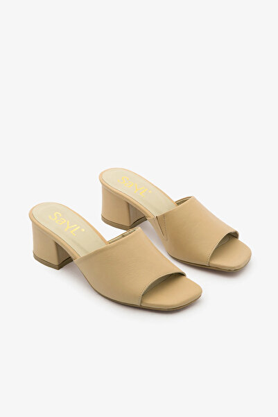 SAYL Γυναικείες παντόφλες με χοντρό τακούνι από γνήσιο δέρμα σε μπεζ χρώμα