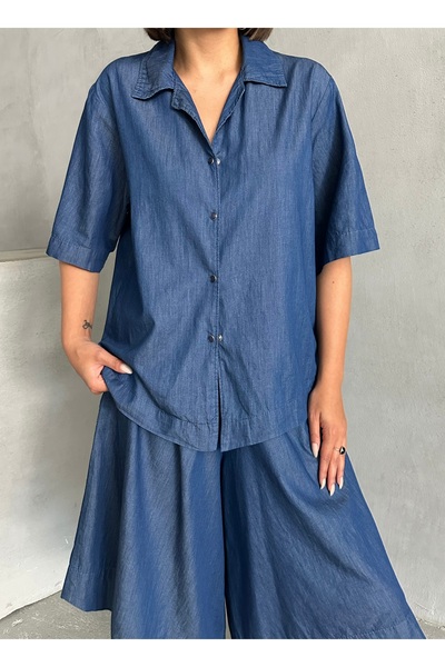 Miss Prova Loose Denim Shirt and Loose Iconic Capri Two-Piece Set Misstkm949