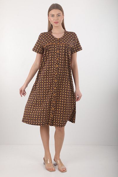Wild Love Brown Geometric Patterned Buttoned Long Women's Dress