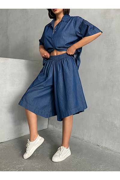 Miss Prova Loose Denim Shirt and Loose Iconic Capri Two-Piece Set Misstkm949