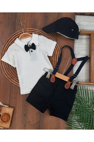 bebicix Linen Shorts with Suspender Belt and Bow Tie Hat Polo Collar Tee Shirt 5-Piece Men's Suit