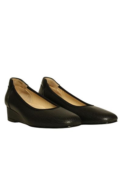 Platin Black Leather Women's Wedge Heeled Shoes
