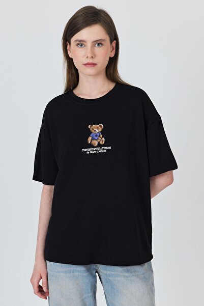Rays Tricou oversize cu guler rotund cu imprimeu ursuleț negru 5530