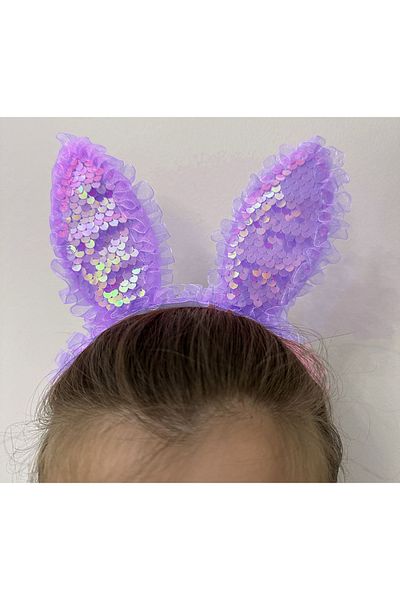 Findit Purple Sequined Rabbit Ear Crown with Lace Edges and Led Lights 23X19 cm (2818)
