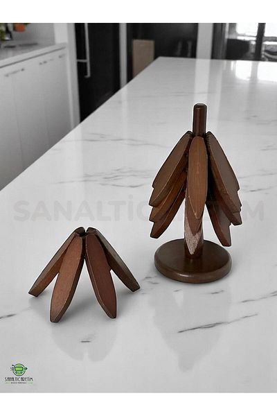 SANALTİCARETİM 4-Piece Wooden Trivet with Stand Acacia Color Coaster