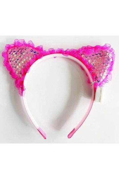 Findit Fuchsia Sequined Cat Ear Crown with Lace Edges and Led Lights 17X19 cm (2818)