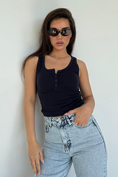 Madmext Navy Blue Buttoned Ribbed Undershirt Mg2453