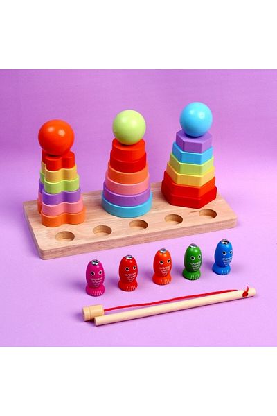OEM 2 in 1 Wooden Game, Fishing and Stacking Tower, Montessori