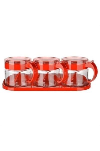 LiderGlobal Red 3-Piece Glass Airtight Spice Rack Set with Lid and Spoon KC-386
