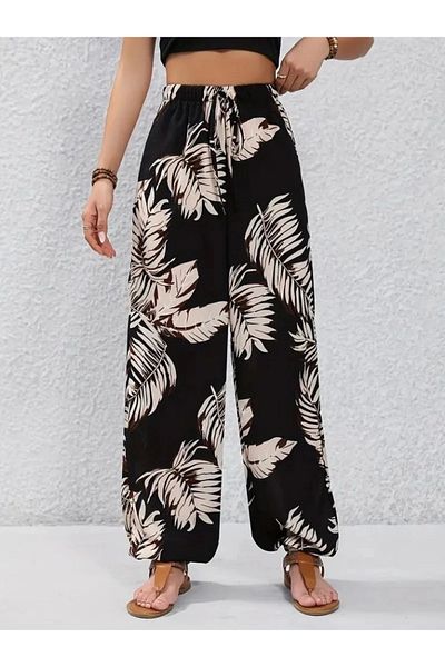 Silerra Women's High Waist Lace up Leaf Patterned Single Jersey Trousers