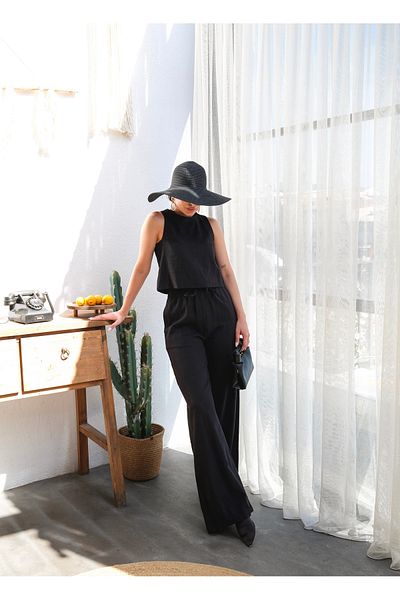 OUZ Fashion Women Linen Blouse and Pants Suit