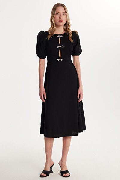 Tudors Women's Regular Fit Balloon Sleeve Crew Neck Black Dress with Tie Detail