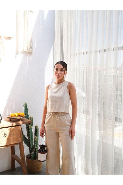 OUZ Fashion Women Linen Blouse and Pants Suit