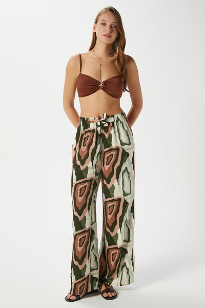 Ritnice Women's Jade Green Brown Waist Elastic 100% Viscose Summer Trousers