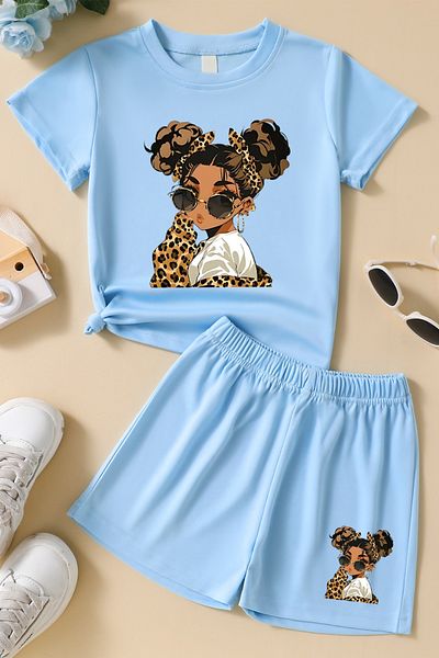 MYADA Leopard Buckle Cool Girl Printed Shorts Children's Suit 24031