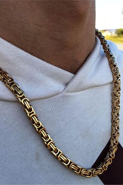 Takı Dükkanı Yellow Gold Color Men's Steel King Chain Necklace Gift for Lover Ck11