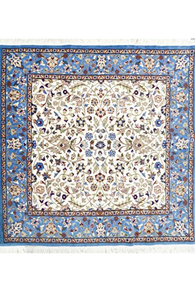 Handmade İran El Dokuma Kare Krem ve Mavi Renk Yün Halı 154x154 cm (2.37 m²)
