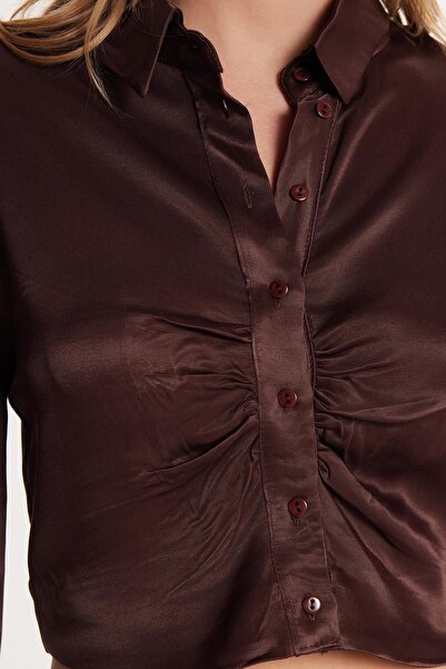 Tudors Kadın Slim Fit Dar Kesim Uzun Kollu Klasik Yaka Kahverengi Gömlek