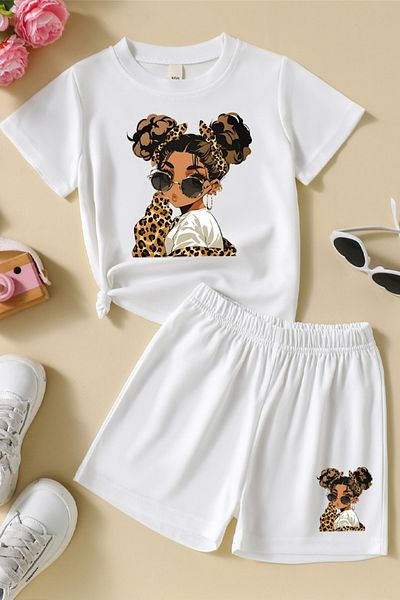 MYADA Leopard Buckle Cool Girl Printed Shorts Children's Suit 24031