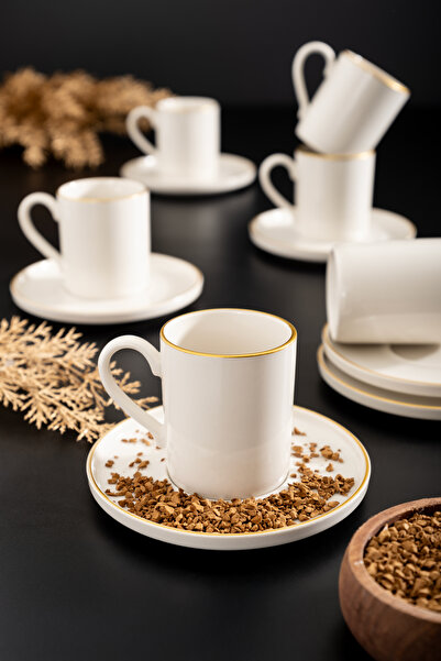 MEST 12 Parça 6 Kişilik Yaldızlı Porselen Kahve Fincan Seti – Zarif ve Şık Tasarım