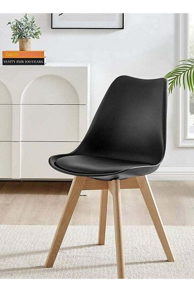Taimi Pack of 4-Mid Century Modern Chair with Back Rest, Padded Seats and Solid Wood Legs, Black