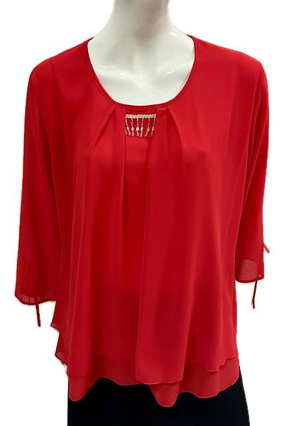 Triad Veil Blouse, 3/4 Sleeve, Lined, Plain Print, Red, 54 RO