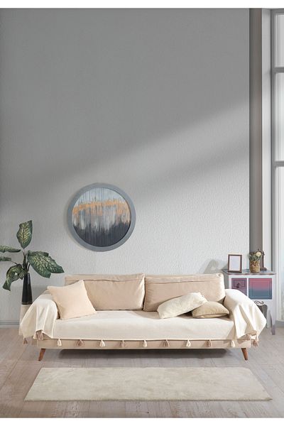 Lux Touch Pera Ecru Tasseled Arm Covering Sofa Cover 300X110 cm 3m King Size Pompom Sofa Daybed Sofa Bed