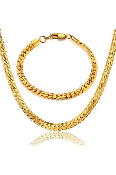 Takı Dükkanı Gold Crushed Flat Snake Steel Unisex Necklace and Bracelet Set Eck37s