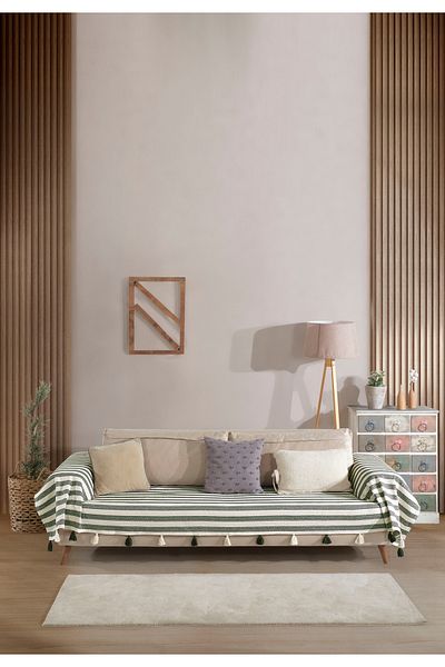 Lux Touch Pera Khaki Tasseled Arm Covering Sofa Cover 300X110 cm 3m Oversize Pompom Sofa Daybed Sofa Bed