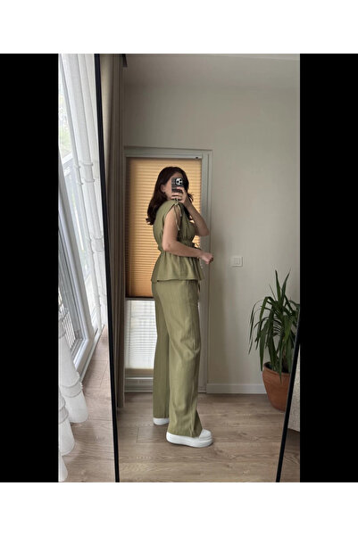 My Blog Khaki 100% Cotton Shoulder Waist Shirred Blouse Trousers Set - 8612