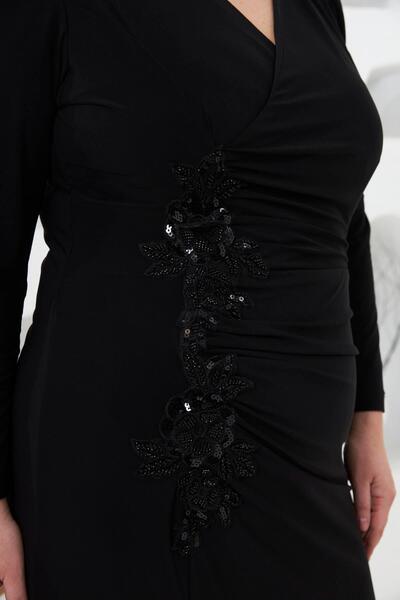 RMG Asymmetrical Drape Detail Lace and Applique Embellished Plus Size Evening Dress Black1