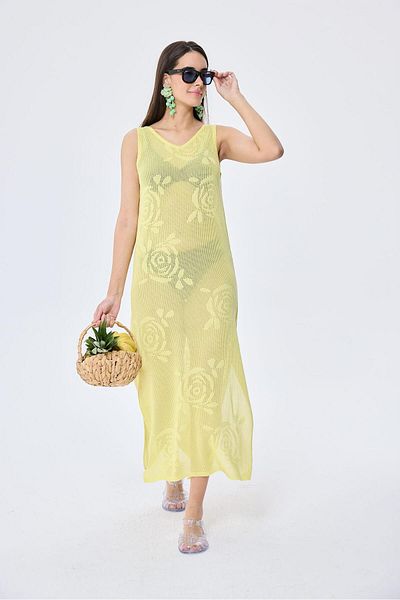 Peraluna Honeymoon, Openwork, Women's Long Knitwear Beach Dress - Yellow