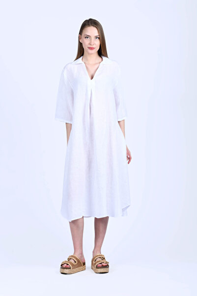 nuova stella Beyaz Gömlek V Yaka Keten Elbise - 4085