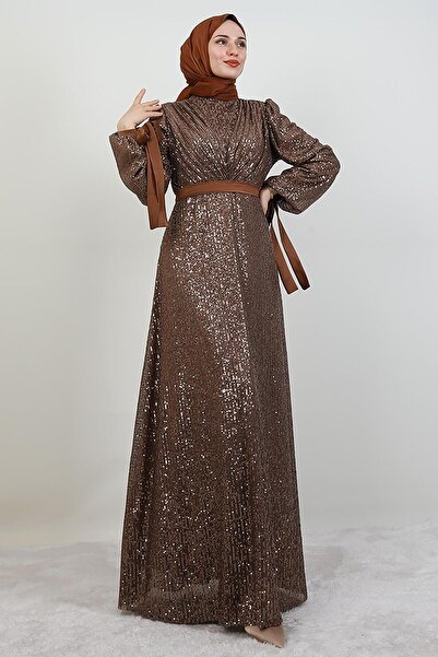 giz astore Göğsü V Drapeli Elbise Açık Kahve