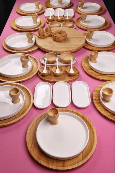 Atbyhome Hush 69 Piece Natural Bamboo Ceramic Breakfast Set for 12 People – Breakfast Set Presentation Set