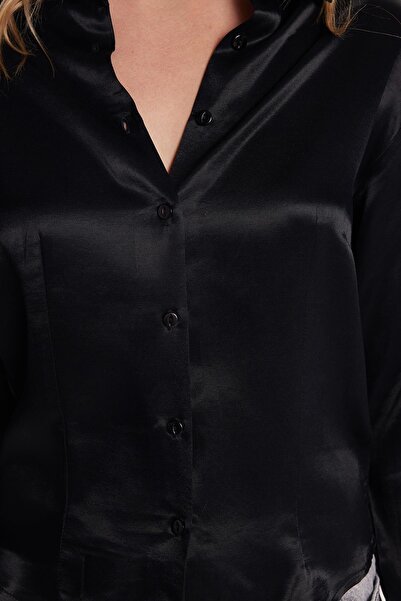 Tudors Women's Slim Fit Slim Fit Long Sleeve Classic Collar Satin Black Shirt