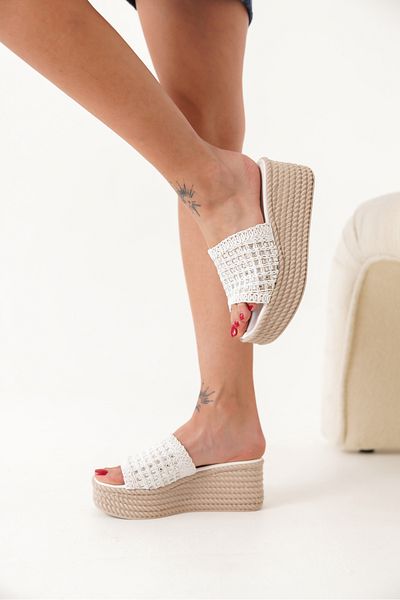 TOPUK Tilda Women's White Stone Wedge Heeled Slippers