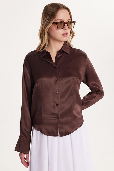 Tudors Cămașă de damă, slim fit, cu mânecă lungă, cu guler clasic, maro din satin