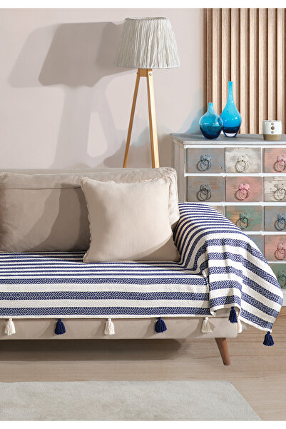 Lux Touch Pera Lacivert Püsküllü Kolları Örten Koltuk Örtüsü 300x110 cm 3m Battal Boy Ponponlu Kanepe Divan