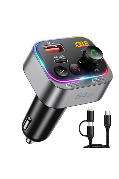 LUVLU Car Fm Modulator Bt 5.3, Super Fast Charger Usb-c 36w,usb Qc 3.0 18w, Hi-fi Sound, Cable Included