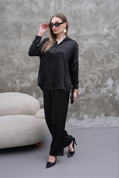 MODAMOR Black Satin Fabric Shirt Pants Suit