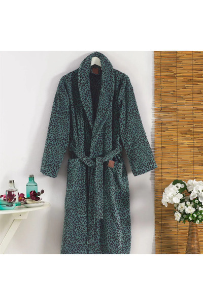 ELLE HOME Leopar Desenli Şal Yaka Bornoz - Yeşil - XL